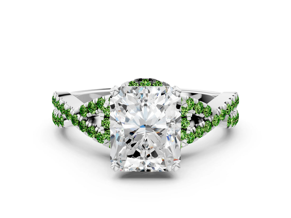 Platinum Radiant Cut Diamond with Peridot side stone Halo Twist Band Solitaire Prong Setting Ring