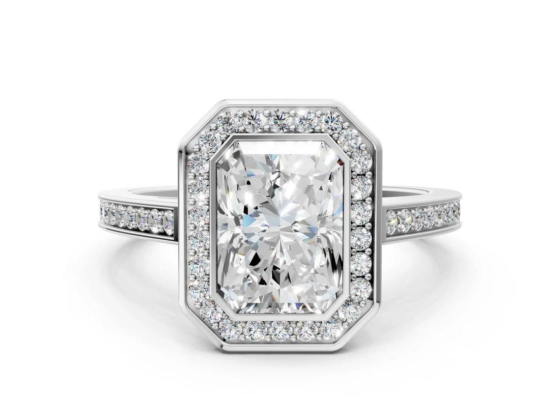 Platinum Radiant Cut Halo Bezel Diamond Pave Band Ring_13