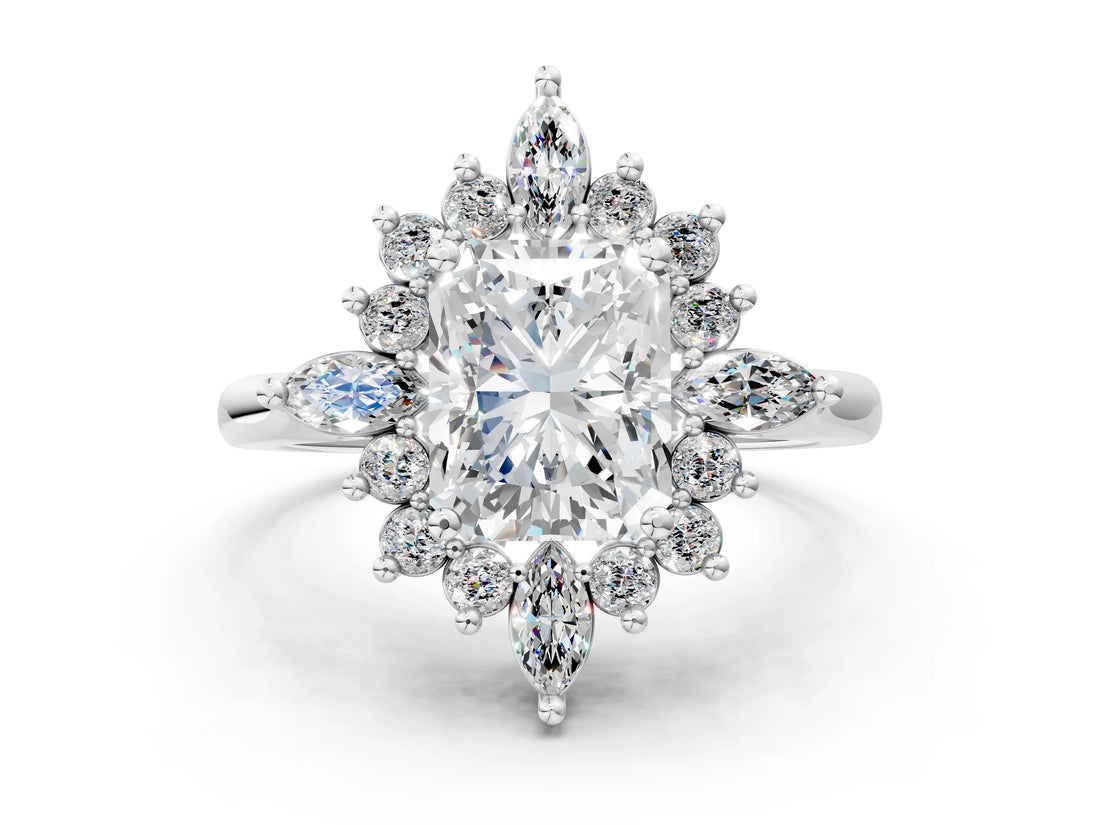 Platinum Radiant Cut Halo Diamond Cluster Ring with Marquise and Round Stones on a White Gold Band with Prong Setting_25