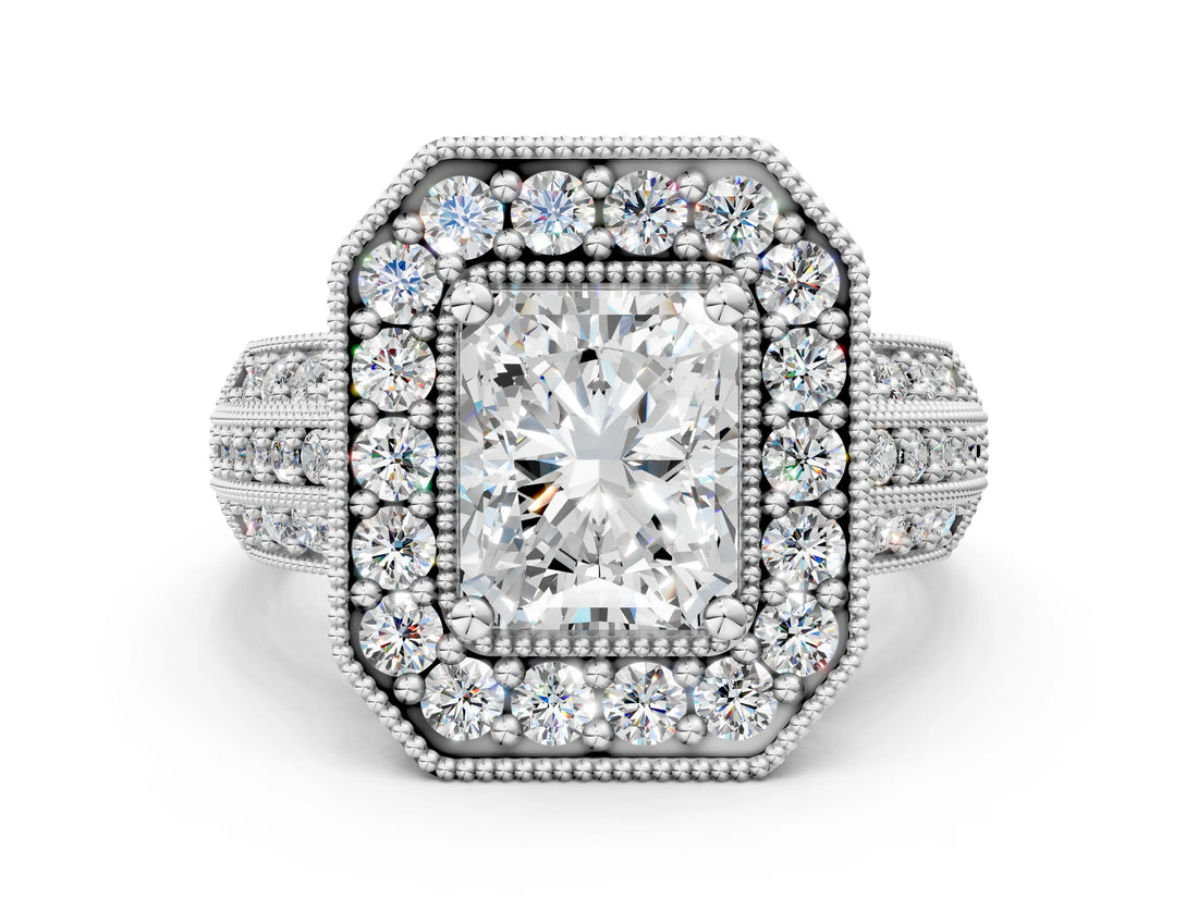 Platinum Radiant Cut Halo Diamond Engagement Ring with Pave Split Shank and Four-Prong Setting_7