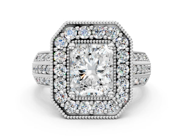 Platinum Radiant Cut Halo Diamond Engagement Ring with Pave Split Shank and Four-Prong Setting