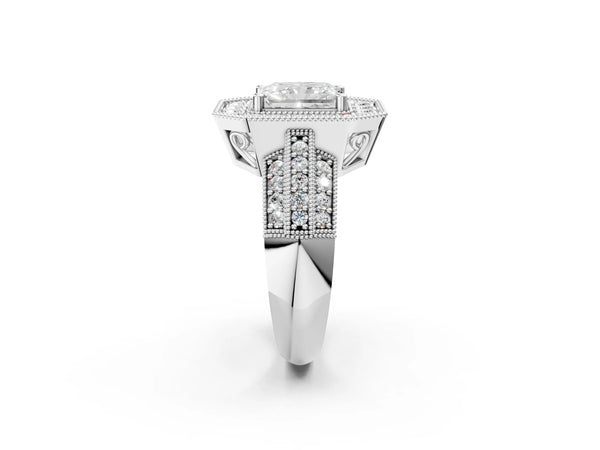 Platinum Radiant Cut Halo Diamond Engagement Ring with Pave Split Shank and Four-Prong Setting