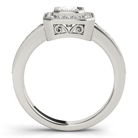 Platinum Radiant Cut Halo Diamond Ring with Pavé Band and Milgrain Prong Setting 1