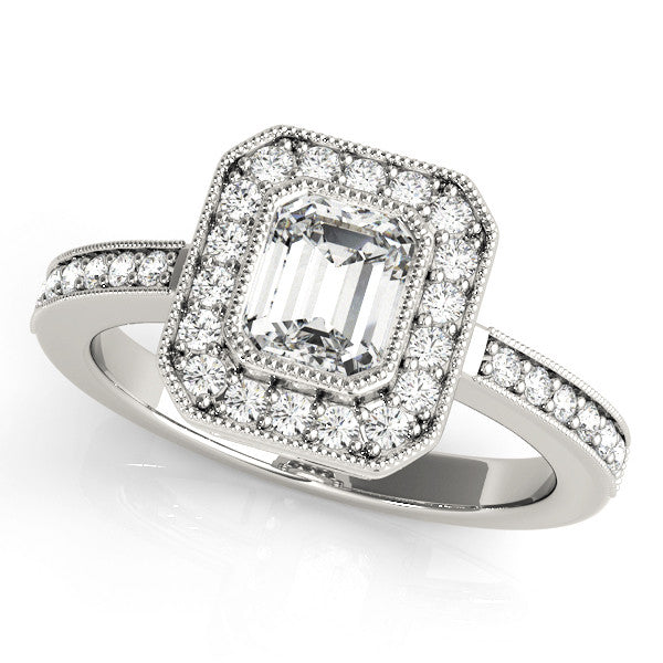 Platinum Radiant Cut Halo Diamond Ring with Pavé Band and Milgrain Prong Setting 2