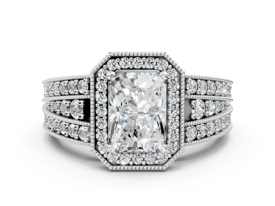 Platinum Radiant Cut Halo Diamond Split Shank Ring with Prong Setting_31