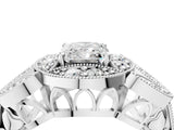 Platinum Radiant Cut Halo Milgrain Diamond Engagement Ring with Leaf Band and Four-Prong Setting_11