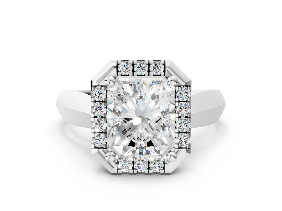 Platinum Radiant Cut Halo Solitaire Engagement Ring with Square Band and Four-Prong Setting_12