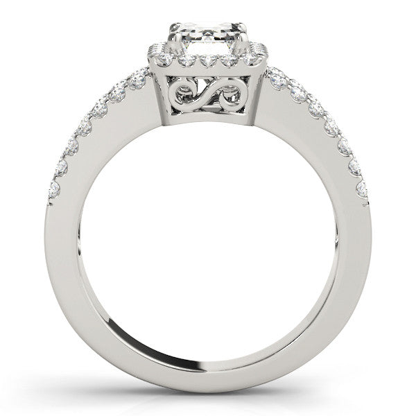 Platinum Radiant Cut Halo Split Shank Diamond Ring with Four-Prong Setting
