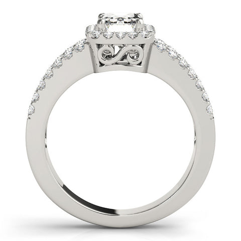 Platinum Radiant Cut Halo Split Shank Diamond Ring with Four-Prong Setting