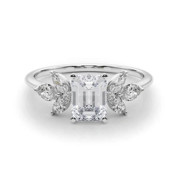 Platinum Radiant Diamond Floral Cluster Ring with Marquise Side Stones and Six-Prong Solitaire Setting