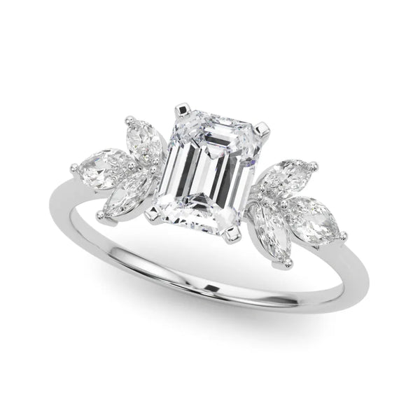 Platinum Radiant Diamond Floral Cluster Ring with Marquise Side Stones and Six-Prong Solitaire Setting