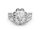 Platinum Radiant Halo Diamond Floral Split Shank Engagement Ring