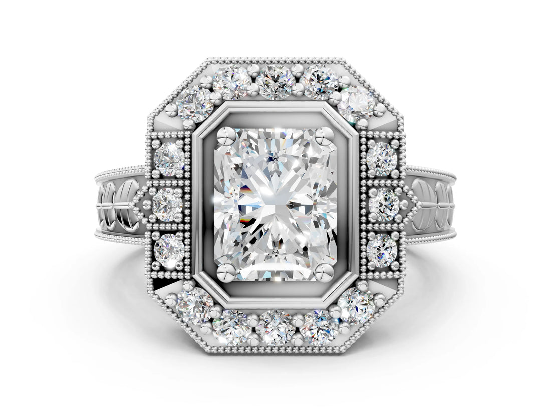 Platinum Radiant Halo Diamond Ring with Milgrain Bezel and Prong Setting_6
