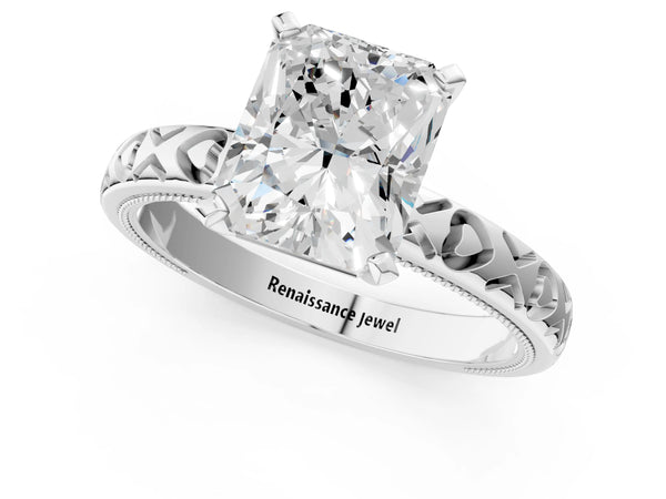 Platinum Radiant Cut Solitaire Engagement Ring Setting with XO Engraved Band and Milgrain Edges