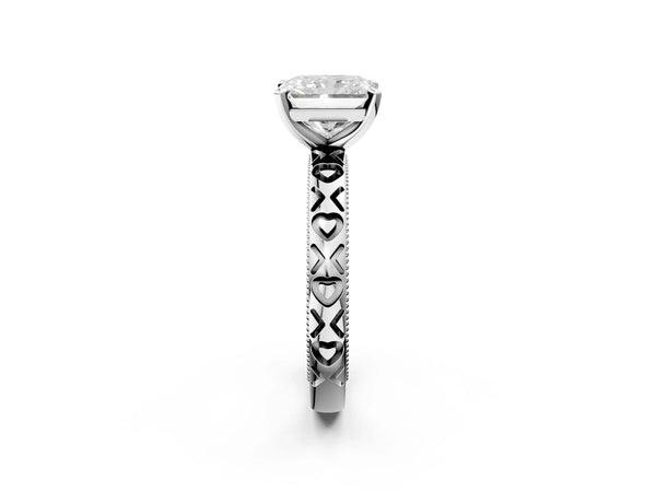 Platinum Radiant Cut Solitaire Engagement Ring Setting with XO Engraved Band and Milgrain Edges