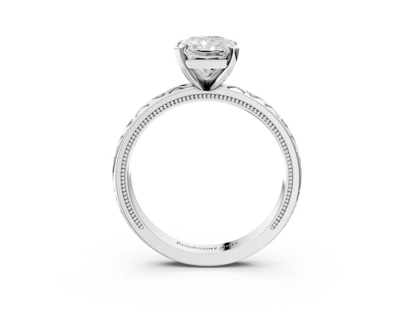 Platinum Radiant Cut Solitaire Engagement Ring Setting with XO Engraved Band and Milgrain Edges