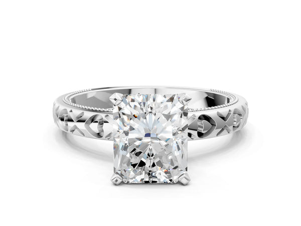 Platinum Radiant Cut Solitaire Engagement Ring Setting with XO Engraved Band and Milgrain Edges