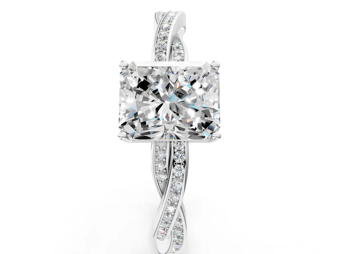 Platinum Radiant Solitaire Twisted Pave Diamond Ring with Four-Prong Setting