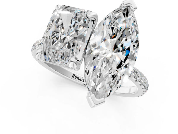 Platinum Radiant and Marquise Toi Moi Ring with Prong Setting and Micro Pave Band