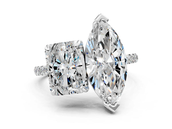 Platinum Radiant and Marquise Toi Moi Ring with Prong Setting and Micro Pave Band