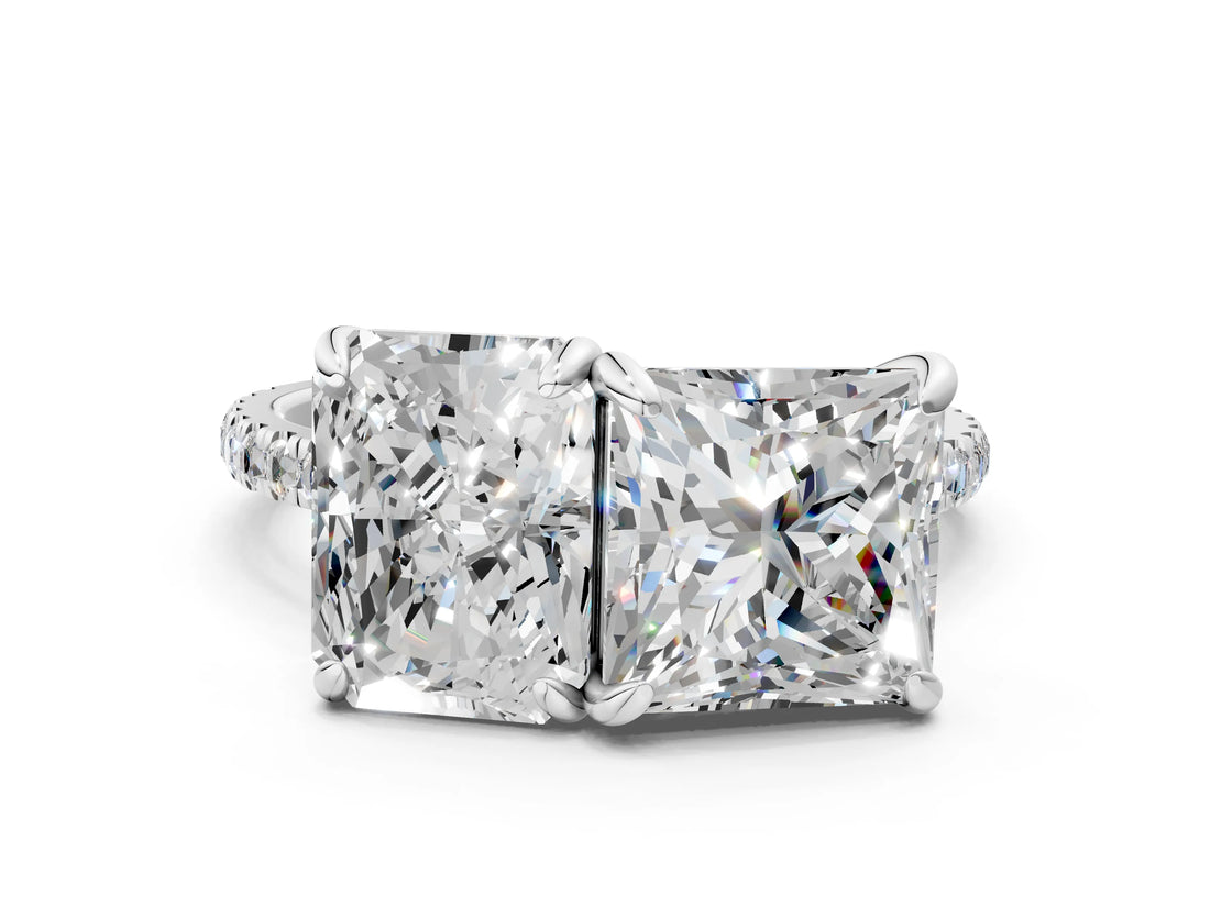 Platinum Radiant and Princess Toi Moi Ring with Prong Setting and Pave Band