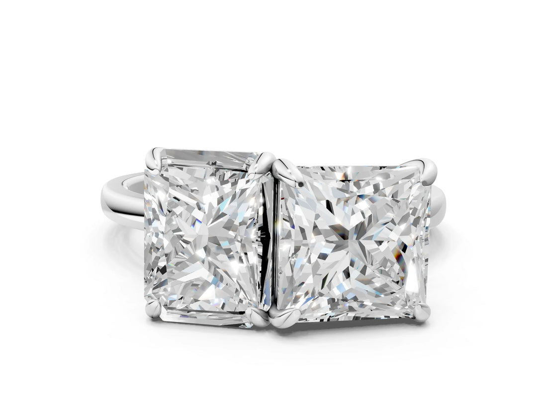 Platinum Radiant and Princess Toi Moi Ring with Prong Setting and Plain Band