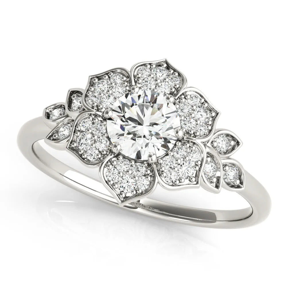 Platinum Round Brilliant Diamond Floral Halo Ring with Pavé Band and Four-Prong Setting