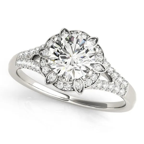 Platinum Round Brilliant Halo Flower Split Shank Prong Setting Ring