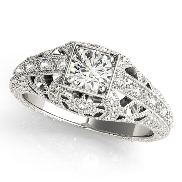 Platinum Round Brilliant Milgrain Filigree Diamond Ring with Square Prong Setting 1