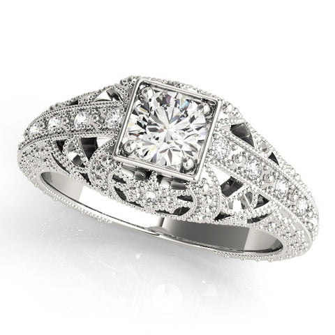 Platinum Round Brilliant Milgrain Filigree Diamond Ring with Square Prong Setting 1