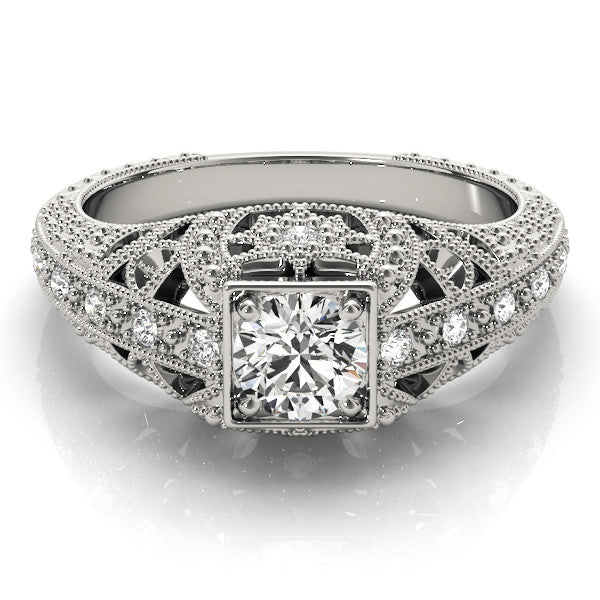 Platinum Round Brilliant Milgrain Filigree Diamond Ring with Square Prong Setting 2