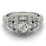Platinum Round Brilliant Milgrain Filigree Diamond Ring with Square Prong Setting 2