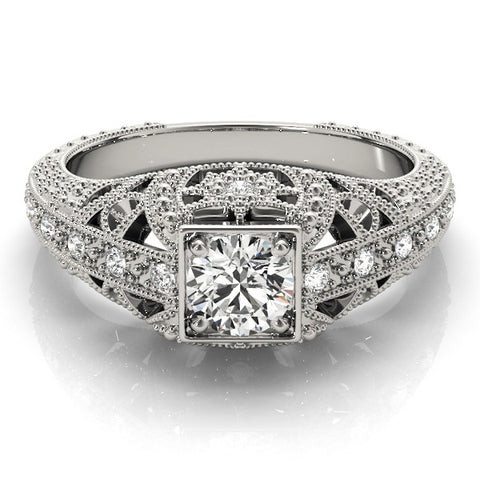 Platinum Round Brilliant Milgrain Filigree Diamond Ring with Square Prong Setting 2