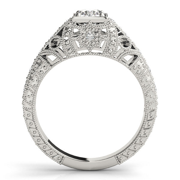 White gold Round Brilliant Milgrain Filigree Diamond Ring with Square Prong Setting