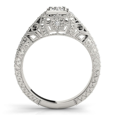 Platinum Round Brilliant Milgrain Filigree Diamond Ring with Square Prong Setting