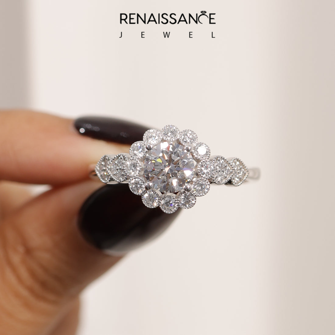Platinum Round Brilliant Milgrain Pave Heart Band Solitaire Ring_35