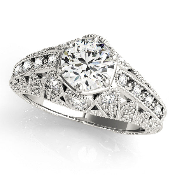 Platinum Round Brilliant Milgrain Pave Split Shank Hexagon Prong Setting Ring 1