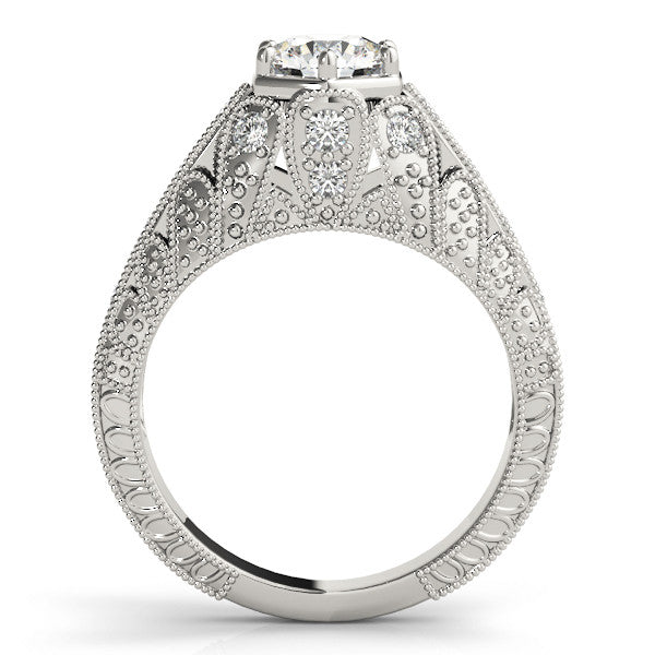 Platinum Round Brilliant Milgrain Pave Split Shank Hexagon Prong Setting Ring