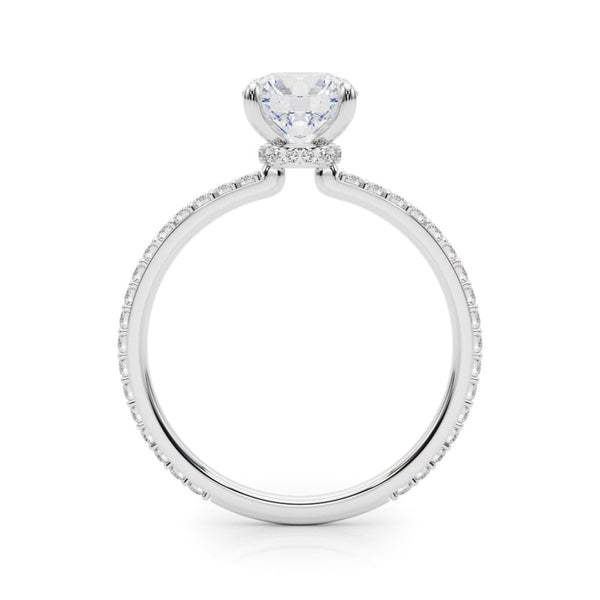 14K White Gold 1.02 Carat E VS1 Round Brilliant Pavé Band Solitaire with Four-Prong Setting