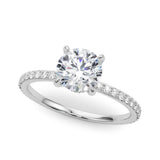 14K White Gold 1.02 Carat E VS1 Round Brilliant Pavé Band Solitaire with Four-Prong Setting
