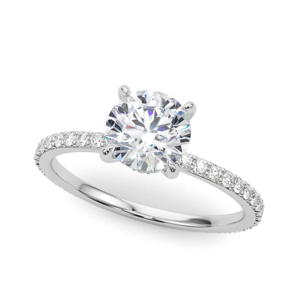14K White Gold 1.02 Carat E VS1 Round Brilliant Pavé Band Solitaire with Four-Prong Setting