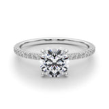 14K White Gold 1.02 Carat E VS1 Round Brilliant Pavé Band Solitaire with Four-Prong Setting