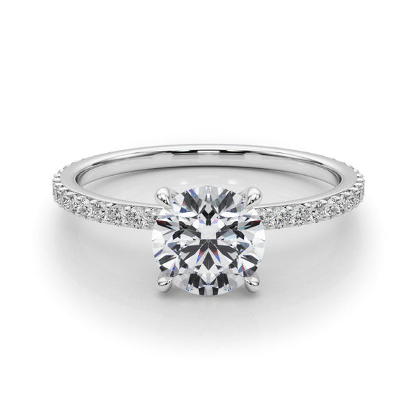 14K White Gold 1.02 Carat E VS1 Round Brilliant Pavé Band Solitaire with Four-Prong Setting