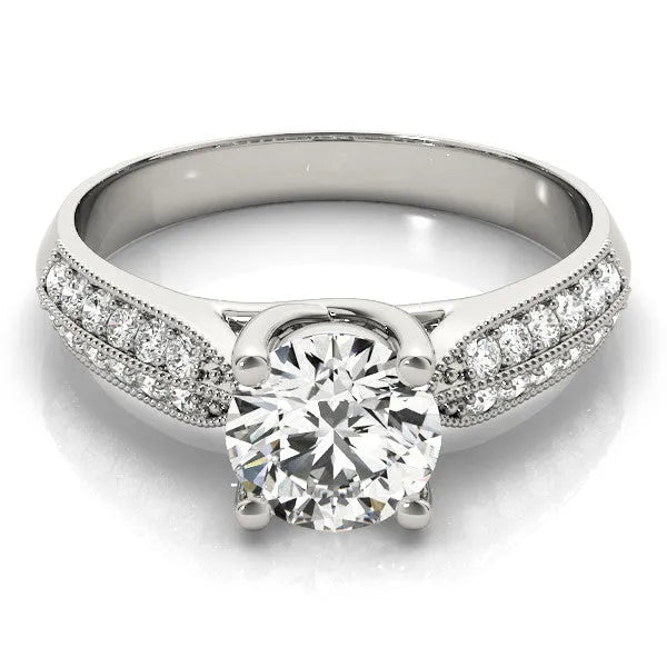 Platinum Round Brilliant Solitaire Engagement Ring with Pave Band and Four-Prong Setting 1