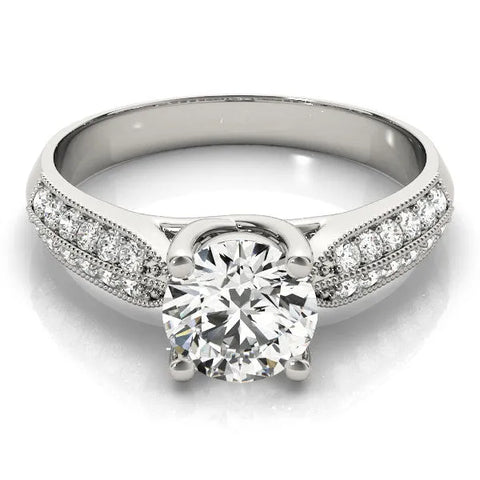 Platinum Round Brilliant Solitaire Engagement Ring with Pave Band and Four-Prong Setting 1