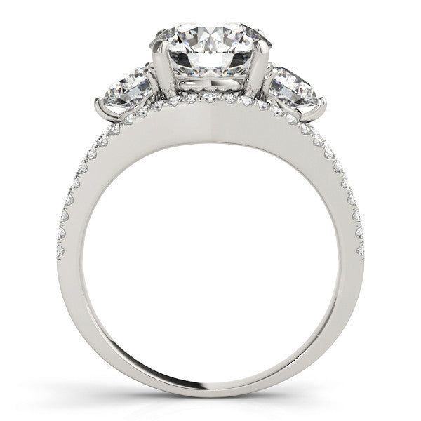 Platinum Round Brilliant Three-Stone Diamond Ring with Pavé Band and Prong Setting 1