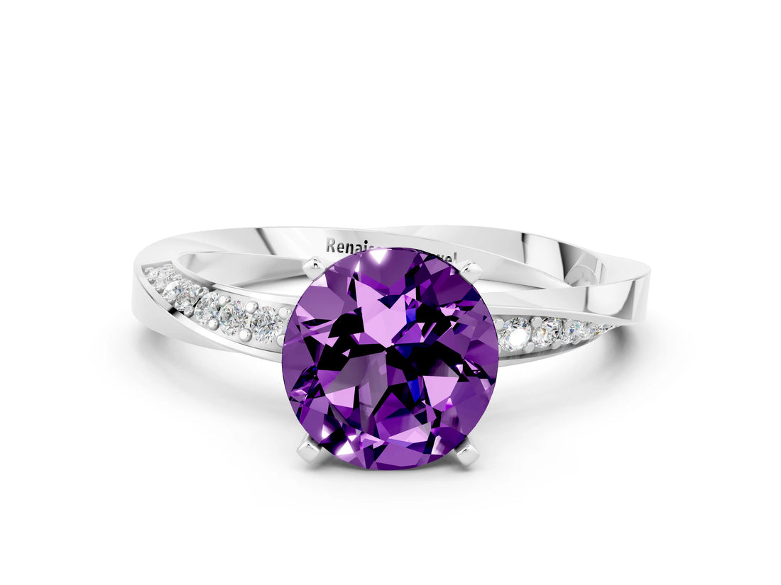 Platinum Round Cut Amethyst Engagement Ring with Side Stone Accents and Four-Prong Setting_12