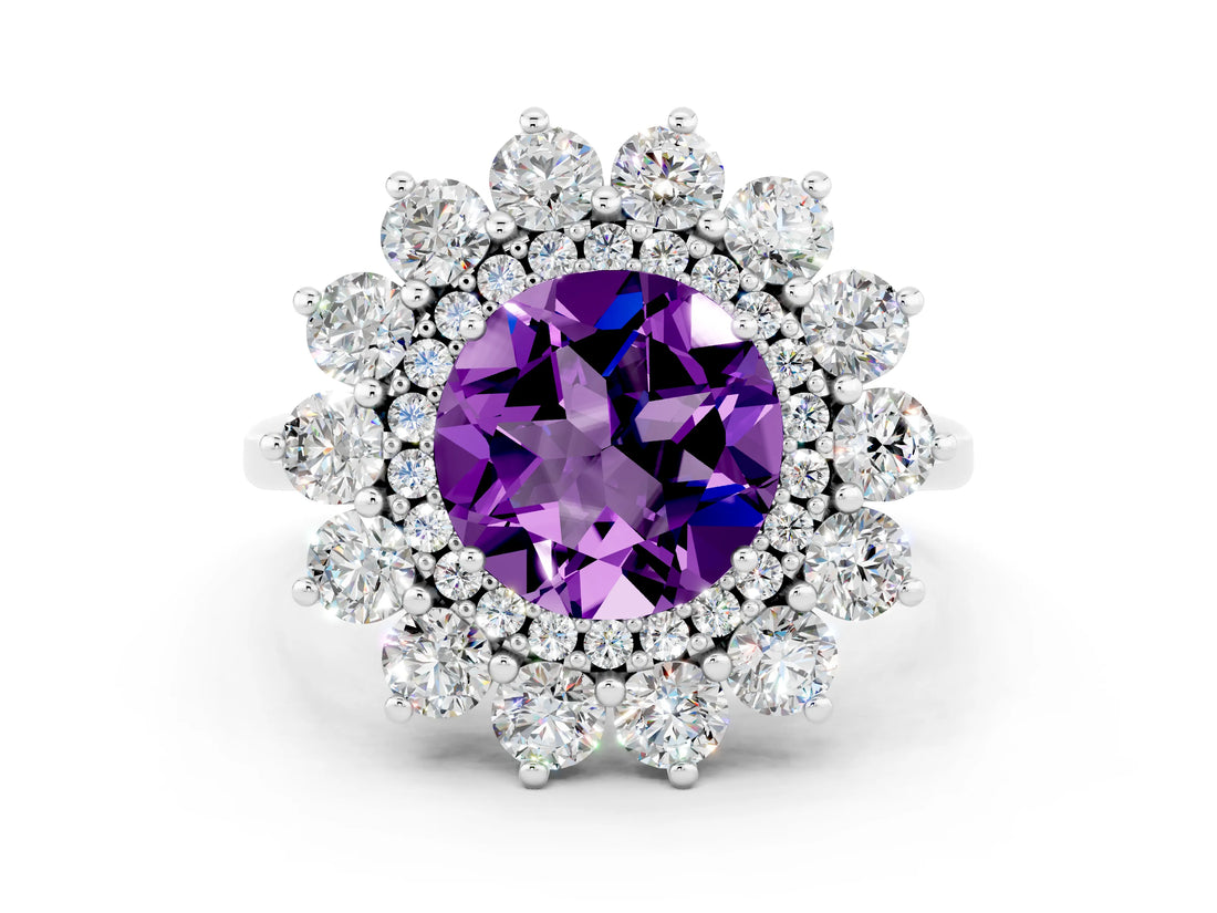 Platinum Round Cut Amethyst Floral Double Halo Engagement Ring with Prong Setting_186