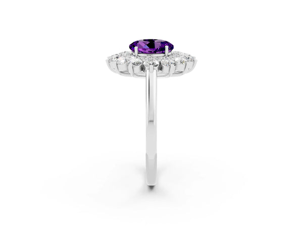 Platinum Round Cut Amethyst Floral Double Halo Engagement Ring with Prong Setting