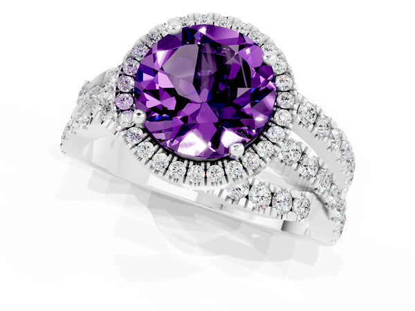Platinum Round Amethyst Halo Engagement Ring with Twisted Pave Split Shank